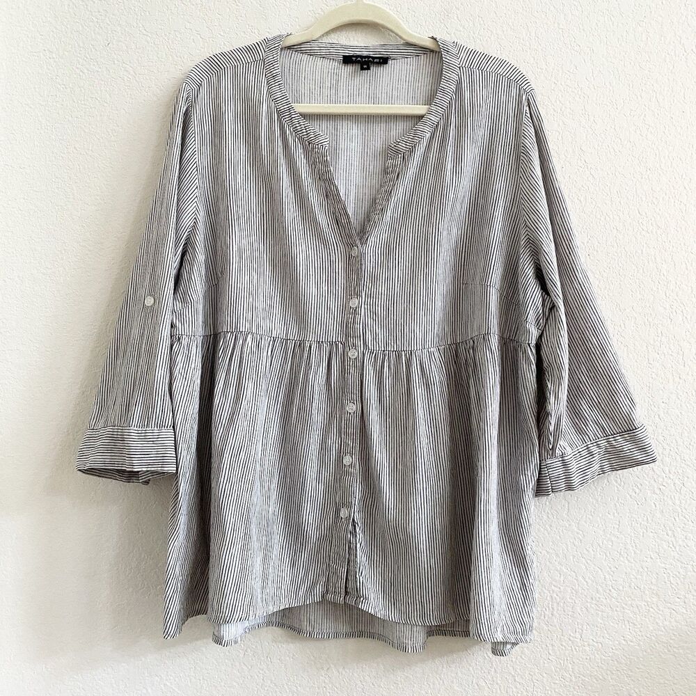 TAHARI White Black Striped Linen Blend  Button Up Pleated Flowy‎ Blouse Top 1X